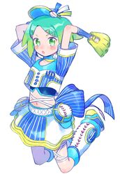  :o absurdres arms_up baseball baseball_mitt baseball_uniform blue_bow blue_hair blue_hat blue_shirt blue_skirt blush bow cropped_shirt female full_body gradient_hair green_eyes green_hair hair_ornament hairclip hat highres idol_clothes idol_time_pripara leg_warmers looking_at_viewer midair midriff multicolored_hair nijiiro_nino open_mouth pretty_series pripara shirt shoes short_hair short_sleeves simple_background skirt solo sportswear triangle_hair_ornament tsukiyo_michi visor_cap white_background 