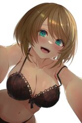  absurdres aogiri_koukou black_bra black_panties bob_cut bra breasts cleavage collarbone female from_below front-tie_bra green_eyes highres kkix25 kurikoma_komaru large_breasts light_brown_hair medium_hair midriff navel open_mouth panties solo strap_slip teeth transparent_background underwear underwear_only upper_teeth_only virtual_youtuber 