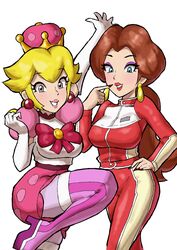  2girls blonde_hair blue_eyes bodysuit boots breasts brown_hair crown dangle_earrings earrings elbow_gloves gloves grey_eyes hand_on_own_hip highres jewelry large_breasts lips looking_at_viewer makeup mario_(series) mario_kart mario_kart_8 multiple_girls nail_polish pantyhose pauline_(mario) peachette pink_footwear pink_shorts ponytail puffy_short_sleeves puffy_sleeves red_bodysuit red_nails ribbon shirt short_sleeves short_twintails shorts simple_background smile sphere_earrings super_crown thighhighs toggy_keiichi twintails white_background white_gloves white_shirt zettai_ryouiki 