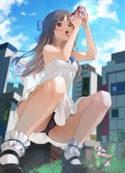  2girls absurdres black_footwear black_panties blue_bow blurry blurry_background bow brown_eyes brown_hair building cloud commentary_request dress food_truck from_below giant giantess hairbow high_heels highres idolmaster idolmaster_cinderella_girls imminent_vore kkix25 long_hair multiple_girls panties purple_nails signature sky skyscraper sleeveless sleeveless_dress sparkle squatting tachibana_arisu tongue tongue_out underwear white_dress 