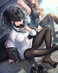  2girls absurdres arknights arknights:_endfield arms_up black_hair black_jacket black_pantyhose black_shirt blush clothes_tug endministrator_(arknights) eye_mask feet female_endministrator_(arknights) highres jacket long_sleeves looking_at_viewer moyume multiple_girls open_mouth pantyhose shirt shoes short_hair sidelocks sitting soles stretching sweater sweater_tug unworn_shoes white_sweater yellow_eyes 