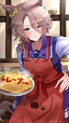  absurdres animal_ears apron aqua_eyes blush brown_hair commentary_request cowboy_shot ear_ornament female food food_writing hand_on_own_hip highres holding holding_plate horse_ears horse_girl horse_tail indoors long_hair looking_at_viewer mare_ma narita_taishin_(umamusume) omelet omurice parted_lips plate purple_serafuku purple_shirt purple_skirt red_apron school_uniform serafuku shirt short_hair skirt solo steaming_food tail tracen_school_uniform twitter_username umamusume window 