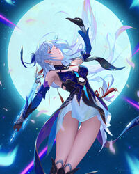  absurdres bare_shoulders black_gloves blue_hair blue_sleeves detached_sleeves expressionless female full_moon gloves highres honkai:_star_rail honkai_(series) huge_moon icicle jingliu_(honkai:_star_rail) kuri_kuriku light_blue_hair long_hair lying moon night night_sky ponytail red_eyes sky water white_hair 