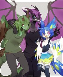  2016 5_fingers anthro avian beak belt bird black_body blue_eyes blue_hair bottomwear breasts broken_horn clenched_teeth clothed clothing dragon feathered_wings feathers female fingers fur gesture green_body green_fur green_hair group hair hand_gesture hands_behind_back hi_res horn kyisha legwear looking_at_viewer multicolored_body multicolored_feathers mythological_creature mythological_scalie mythology nails pants perico photo_shoot pink_eyes pose purple_hair purple_stripes raimia red_eyes scalie shirt simple_background skirt smile spread_wings stripes tail teeth teeth_showing thigh_highs topwear trio v_sign wave white_body white_fur wings zuekrz 