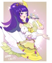  :d bare_shoulders blunt_bangs blush border brown_background commentary_request cropped_legs dated fake_wings female hanazono_shuka holding holding_microphone idol_clothes idol_time_pripara long_hair looking_at_viewer microphone midriff moudoku_(decopon3rd) music open_mouth ponytail pretty_series pripara purple_eyes purple_hair shirt singing skirt smile solo sparkle standing tiara white_border white_wings wing_hair_ornament wings yellow_shirt yellow_skirt 