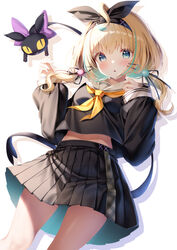  black_cat black_serafuku blonde_hair blue_eyes breasts feline female hair_ribbon highres long_hair looking_at_viewer lucie_(millie_parfait) midriff_peek millie_parfait miniskirt multicolored_hair nijisanji nijisanji_en ribbon school_uniform serafuku skirt small_breasts twintails virtual_youtuber zzz_(zzz00166403zzz) 