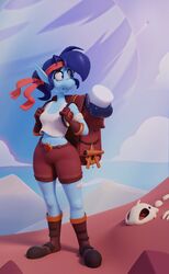  3d_(artwork) anthro backpack bandage bone clothing crop_top digital_media_(artwork) female freckles hi_res midriff navel psicoyote shirt solo spongebandimark tagme tank_top topwear vesta_(psicoyote) 