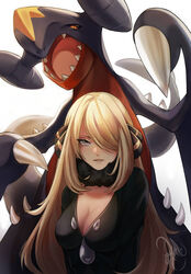  artist_name black_coat black_sclera blonde_hair blue_skin breasts claws cleavage coat colored_sclera colored_skin cynthia_(pokemon) dragon dukkoart fangs female fur-trimmed_coat fur-trimmed_sleeves fur_collar fur_trim garchomp grey_eyes hair_ornament hair_over_one_eye hammerhead_shark large_breasts long_hair long_sleeves long_tail multicolored_skin pokemon pokemon_(creature) pokemon_dppt red_skin shark signature tail two-tone_skin yellow_eyes 