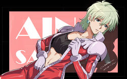  2023 aina_saharin blue_eyes bodysuit character_name collarbone crop_top dated earrings female green_hair gundam gundam_08th_ms_team hair_between_eyes jewelry navel parted_lips partially_unzipped red_bodysuit short_hair signature solo stomach unzipping werkbau 