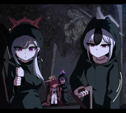  4girls aru_(blue_archive) bag black_choker black_hair black_jacket black_raincoat blue_archive blurry blurry_background breath choker comforting commentary covering_with_blanket depressed digging gloom_(expression) grey_hair halo haruka_(blue_archive) head_down head_on_knees highres holding holding_bag holding_shovel hood hood_up hooded_jacket implied_death jacket kayoko_(blue_archive) knees_to_chest manyup_(hero8876) multicolored_hair multiple_girls mutsuki_(blue_archive) nervous_sweating night outdoors pink_hair problem_solver_68_(blue_archive) purple_eyes raincoat shovel sidelocks sitting streaked_hair sweat tree turn_pale white_hair 