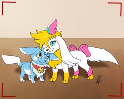  2017 3_fingers 3_toes 5:4 annoyed ashley_(shaymin) bell bell_collar belly black_nose blonde_hair blue_body blue_fur bow_ribbon collar cute_fangs duo eevee feet female feral fingers flower fur generation_1_pokemon generation_4_pokemon green_eyes hair hi_res hybrid legendary_pokemon long_ears mac_(shrike_alvaron) male neck_tuft nintendo paws photo_shoot pikachu plant pokemon pokemon_(species) shaymin shikaro sky_forme_shaymin smile toes tuft white_belly white_body white_fur yellow_eyes 