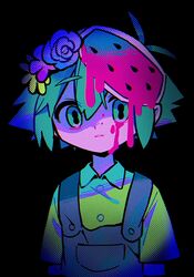  1boy basil_(headspace)_(omori) basil_(omori) black_background black_eyes blood blood_on_face buttons collared_shirt despair dripping flower food fruit green_eyes green_hair grey_overalls hair_flower hair_ornament highres looking_at_viewer male_focus menma_(enaic31) omori overalls shaded_face shirt short_hair simple_background solo watermelon 