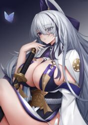  absurdres azur_lane blush breasts bug butterfly eyes_visible_through_hair female hair_over_one_eye highres japanese_clothes katana kimono knees_up large_breasts long_hair looking_at_viewer multicolored_hair parted_lips purple_eyes purple_hair revealing_clothes side_slit solo streaked_hair sword ueyama_0clock unzen_(azur_lane) weapon white_hair white_kimono 