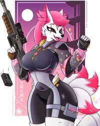  4:5 alternate_version_at_source anthro canid canine clothed clothing curvy_figure detailed detailed_clothing effects epic_games eye_scar facial_scar female fortnite fox fur gun hair hi_res hourglass_figure kimiko_five-tails mammal multi_tail pink_hair ranged_weapon reloading scar solo sparkles sulldfox tail thick_thighs thigh_pouch weapon white_body white_fur 