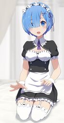  blue_eyes blue_hair blush breasts camui1104 cleavage commentary_request eyes_visible_through_hair female hair_ornament hair_over_one_eye hair_ribbon highres kneeling lap_pillow_invitation looking_at_viewer maid maid_headdress medium_breasts open_mouth purple_ribbon re:zero_kara_hajimeru_isekai_seikatsu rem_(re:zero) ribbon ribbon-trimmed_clothes ribbon_trim short_hair solo thighhighs wrist_cuffs x_hair_ornament 