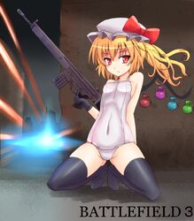  bad_id bad_pixiv_id battle_rifle battlefield_(series) battlefield_3 black_thighhighs blonde_hair covered_navel explosive female finger_on_trigger flandre_scarlet gloves grenade gun h&amp;k_g3 hat holding holding_gun holding_weapon one-piece_swimsuit red_eyes rifle school_swimsuit short_hair side_ponytail solo sumapan swimsuit thighhighs touhou weapon white_one-piece_swimsuit wings 