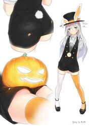  2016 ama_mitsuki animal_ears arms_behind_back ass black_shoes blue_eyes blush bunny_ears bunny_tail dated fake_animal_ears female full_body hair_between_eyes halloween hard_translated hat hat_ribbon jack-o&#039;-lantern jewelry kantai_collection long_hair lying mismatched_legwear multiple_views necklace on_stomach open_mouth orange_legwear orange_panties panties pantyshot pantyshot_(lying) puffy_short_sleeves puffy_sleeves pumpkin ribbon shoes short_sleeves shorts signature silver_hair simple_background solo standing tail thighhighs top_hat translated u-511_(kantai_collection) underwear watch white_background white_legwear 