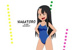  1girls black_hair blush breasts brown_eyes cleavage clothed clothing english_text female_focus female_only hayase_nagatoro hi_res long_hair looking_at_viewer medium_breasts open_mouth please_don&#039;t_bully_me,_nagatoro pose revealing_clothes simple_background smile snooploopart solo swimsuit tan tanned text watermark white_background 