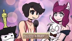  2boys 2girls aiko_(giidenuts) alternate_hairstyle anthro avian avian_humanoid award background bowtie cleavage dress dyllzone fully_clothed giidenuts looking_at_viewer maddie_(dyllzone) mic necklace original original_character parody ponytail riley_(giidenuts) short_hair smile tv_show unknown_character 