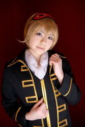  blonde_hair cosplay eyemask gintama highres katou_mari okita_sougo photo uniform 