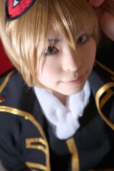  blonde_hair cosplay eyemask gintama highres katou_mari okita_sougo photo uniform 