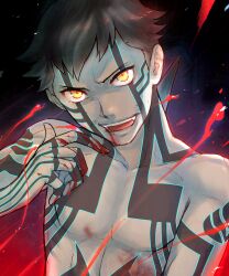  artist_request black_hair blood crazy_eyes fangs highres hitoshura male_focus open_mouth shin_megami_tensei shin_megami_tensei_iii:_nocturne shirtless smirk solo tattoo yellow_eyes 