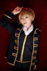  blonde_hair cosplay eyemask gintama highres katou_mari okita_sougo photo uniform 