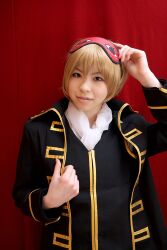  blonde_hair cosplay eyemask gintama highres katou_mari okita_sougo photo uniform 