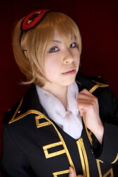  blonde_hair cosplay eyemask gintama highres katou_mari okita_sougo photo uniform 