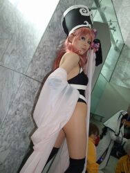  cosplay dakki fingerless_elbow_gloves houshin_engi photo pink_hair silly_hat takizawa_kazuya thigh-highs thighhighs 