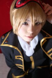  blonde_hair cosplay eyemask gintama highres katou_mari okita_sougo photo uniform 