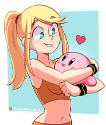  1boy 1girls 2022 belly belly_button blush bracelet casual_outfit_(metroid) cleavage crop_top crossover duo eyebrows_visible_through_hair face_on_breasts friends fully_clothed heart hugging kirby kirby_(series) long_hair looking_at_another metroid nintendo patreon ponytail samus_aran shoulders signature standing tobias_wheller tomboy torso wholesome zero_suit_samus 