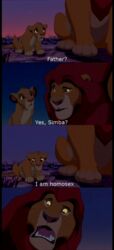  brown_eyes dialogue disappointed disney duo embarrassed english_text eye_contact father_(lore) father_and_child_(lore) father_and_son_(lore) felid feral hi_res humor lion lolicon looking_at_another male mammal meme movie_accurate mufasa pantherine parent_(lore) parent_and_child_(lore) parent_and_son_(lore) quadruped simba_(the_lion_king) son_(lore) son_i_am_disappoint tail tan_body text the_lion_king unknown_artist yellow_body young young_feral 