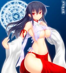  asamura_hiori bare_shoulders black_hair blue_bra bra breasts cleavage commentary_request covered_nipples detached_sleeves dodecagram earrings female highres japanese_clothes jewelry large_breasts long_hair looking_at_viewer magic_circle midriff miko navel original panties red_eyes revealing_clothes side-tie_panties simple_background smile solo underwear white_panties wide_sleeves 