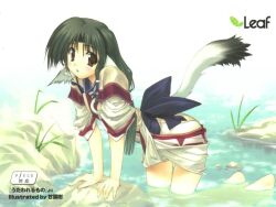  animal_ears blush blush bow brown_eyes dog_ears doggirl eruru eruruu eruruw green_hair inumimi leaf long_hair pony_tail ponytail the_one_being_sung utawareru_mono utawarerumono wet 