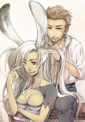  1boy animal_ears artist_request balthier female final_fantasy final_fantasy_xii fran_(ff12) hairdressing long_hair rabbit_ears red_eyes twintails viera white_hair 