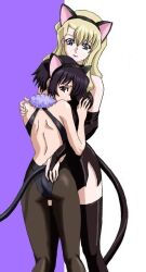  animal_ears black_hair blonde_hair blue_eyes brown_eyes cat_ears cat_tail hug hugging mireille_bouquet nekomimi noir tail thigh_highs thighhighs yuumura_kirika yuumura_kirika 