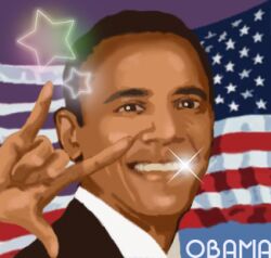  \m/ america american_flag artist_request barack_obama black_hair dark_skin dark_skinned_male flag flag_background lowres macross macross_frontier male_focus parody politician real_life real_life_insert seikan_hikou smile solo sparkle star 