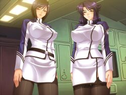  black_hair breasts cg erect_nipples eroge extreme_content game_cg huge_breasts kagami_(artist) kangoku_senkan lilith-soft naomi_evans oppai rieri_bishop shirt skirt tagme thighhighs tight_shirt uniform 