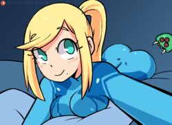  1girls adorable animated ass ass_shake baby_(metroid) bedroom blonde_hair blush bodysuit cleavage cute eating_ass eyebrows_visible_through_hair eyes_visible_through_hair fully_clothed gif indoors laying_on_bed looking_at_another looking_at_viewer metroid metroid_(creature) monster nintendo patreon ponytail samus_aran selfie signature solo_female tobias_wheller tomboy video_recording zero_suit_samus 