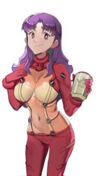  1girls alternate_costume asuka_langley_sohryu_(cosplay) beer_can big_breasts breasts brown_eyes busty can cosplay covered_navel female female_only fully_clothed highres large_breasts legs looking_at_viewer mature mature_female mature_woman milf misato_katsuragi neon_genesis_evangelion plugsuit purple_hair sho-n-d smile solo thighs voluptuous 