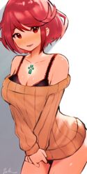  alternate_costume black_bra black_panties bob_cut bra breasts chest_jewel cleavage commentary_request female highres kyosuke1413koba large_breasts lingerie panties pyra_(xenoblade) red_eyes red_hair short_hair solo sweater swept_bangs underwear xenoblade_chronicles_(series) xenoblade_chronicles_2 