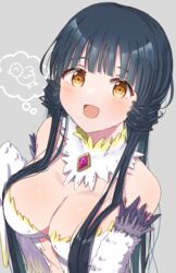  :d annzuwann bare_shoulders black_hair blush breasts check_commentary cleavage commentary commentary_request feathers female harpy highres idolmaster idolmaster_million_live! idolmaster_million_live!_theater_days kitakami_reika large_breasts long_hair looking_at_viewer low_twintails monster_girl monsterification open_mouth smile solo thought_bubble twintails white_feathers white_wings winged_arms wings yellow_eyes 