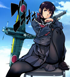  aircraft airplane ascot black_pantyhose blue_jacket blue_skirt brown_hair chair commentary_request female hair_ornament jacket kamisimo_90 knee_up looking_at_viewer medium_hair original pantyhose purple_eyes red_ascot sailor_collar shirt shoes sitting skirt solo twintails twintails_nurse_(kamisimo_90) 