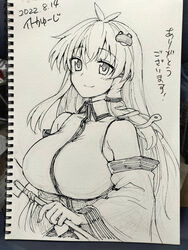  antenna_hair breasts closed_mouth collared_shirt dated detached_sleeves female frog_hair_ornament hair_ornament highres holding itou_yuuji kochiya_sanae large_breasts long_hair long_sleeves looking_at_viewer monochrome nib_pen_(medium) photo_(medium) shirt signature smile snake_hair_ornament solo touhou traditional_media upper_body wing_collar 