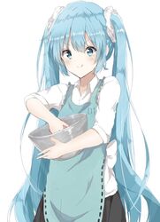  :p apron aqua_apron bad_id bad_pixiv_id black_skirt cooking cowboy_shot female frilled_apron frills hair_ornament hair_scrunchie hatsune_miku long_hair mixing mixing_bowl mk2_mirara pleated_skirt scrunchie shirt short_sleeves skirt smile solo tongue tongue_out twintails v-shaped_eyebrows very_long_hair vocaloid white_shirt 