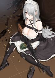  absurdres alternate_costume ammunition ammunition_box apron bad_id bad_twitter_id bare_shoulders black_footwear black_gloves black_pantyhose bottle breasts broken_bottle chair chest_strap choker cleavage closed_mouth commentary dawalixi enmaided female frilled_choker frills girls&#039;_frontline gloves gun hair_over_one_eye highres holding holding_gun holding_weapon large_breasts long_hair machine_gun maid maid_headdress pantyhose pk_(girls&#039;_frontline) red_eyes rifle shell_casing shoes sidelocks single_shoe sitting solo tile_floor tiles waist_apron weapon white_hair 