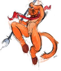  anthro arm_tuft closed_eyes crotch_tuft domestic_cat elbow_tuft featureless_crotch felid feline felis front_view fur hi_res holding_object holding_staff male mammal orange_body orange_fur orange_tail oselotti oselotti_(character) red_scarf scarf signature simple_background solo staff tail tuft white_background 