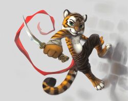  anthro belt bottomwear clothed clothing dagger felid green_eyes holding_object holding_weapon looking_at_viewer male mammal melee_weapon pantherine shorts silverfox5213 solo stripes tail tiger topless weapon young young_anthro young_male 