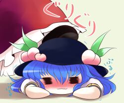  2girls =_= blue_hair blush commentary_request food fruit hakurei_reimu hat highres hinanawi_tenshi masochism multiple_girls on_floor peach photoshop_(medium) stepped_on touhou trembling yume_shokunin 